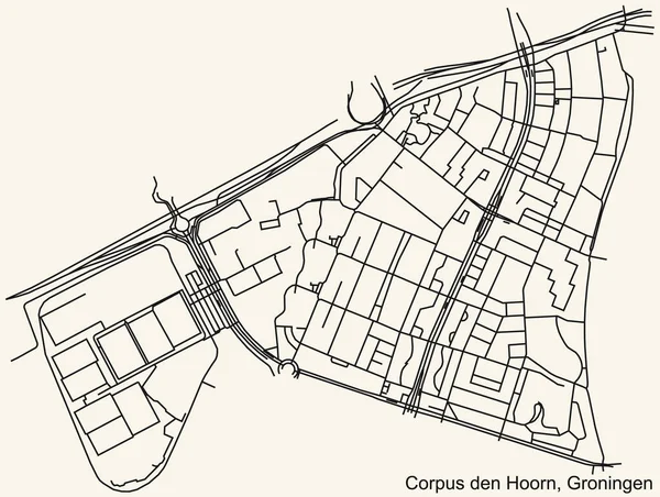 Navegación Detallada Black Lines Urban Street Roads Map Corpus Den — Vector de stock
