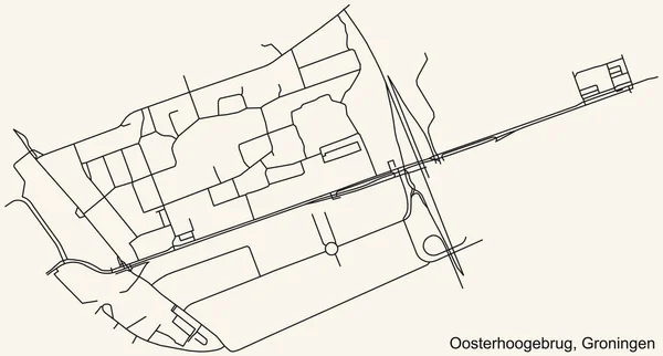 Gedetailleerde Navigatie Zwarte Lijnen Stedelijke Stratenkaart Van Oosterhoogebrug Neighborhood Van — Stockvector