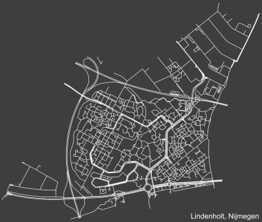 Hollanda 'nın bölgesel başkenti Nijmegen, Hollanda' nın LINDENHOLT DISTRICT şehir haritasının beyaz çizgileri koyu gri arka planda