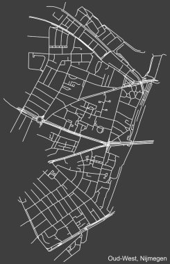 Hollanda 'nın bölgesel başkenti Nijmegen, Hollanda' nın NIJMEGEN-OUD-BÜYÜK DISTRICT kentinin kentsel yol haritasının ayrıntılı negatif seyrüsefer beyaz çizgileri koyu gri arka planda