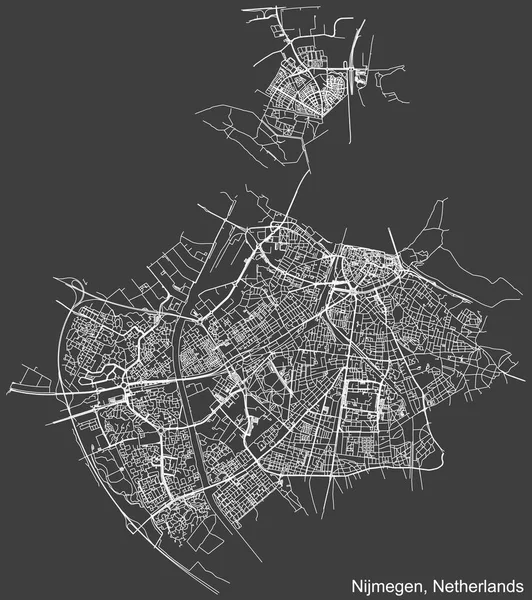 荷兰区域首府纽西根城市街道路线图 暗灰色背景下的详细负导航白线 — 图库矢量图片