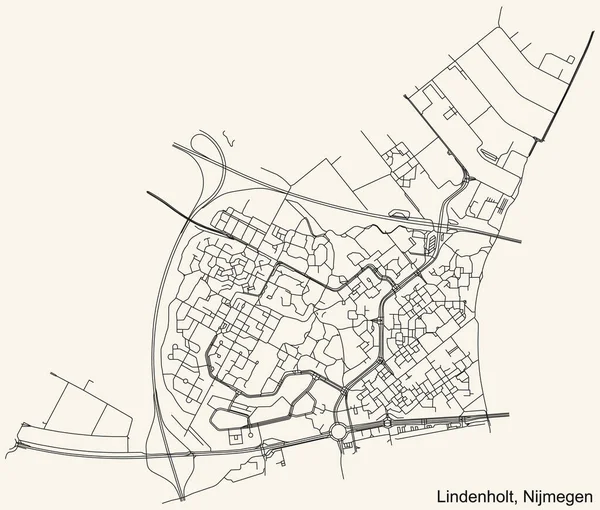 Navegación Detallada Black Lines Urban Street Roads Map Lindenholt District — Vector de stock