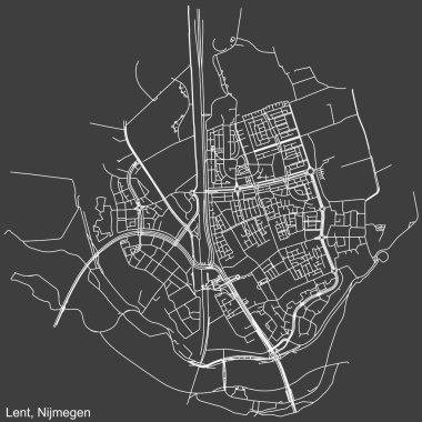 Hollanda 'nın bölgesel başkenti Nijmegen, Hollanda' nın LENT NeIGHBORHOOD 'un şehir caddeleri haritası koyu gri arka planda.
