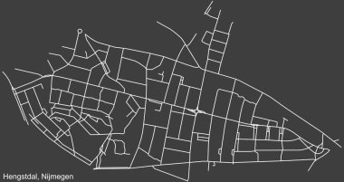 Hollanda 'nın bölgesel başkenti Nijmegen, Hollanda' nın HENGSTDAL NeIGHBORHOOD 'unun şehir caddeleri haritası üzerinde ayrıntılı olumsuz navigasyon beyaz çizgileri koyu gri arka planda