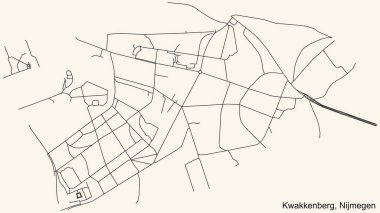 Hollanda 'nın bölgesel başkenti Nijmegen, Hollanda' nın KWAKKKENBERG NeIGHBORHOOD kentinin klasik bej arkaplan üzerindeki kentsel yol haritasının ayrıntılı navigasyon siyah hatları