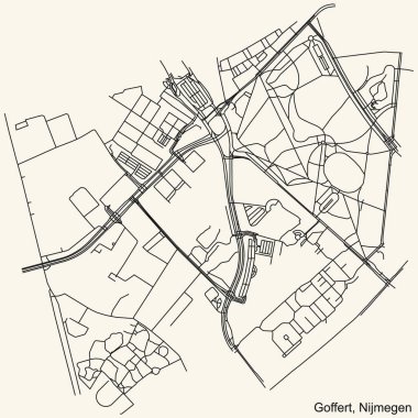 Hollanda 'nın bölgesel başkenti Nijmegen, Hollanda' nın GOFFERT NeIGHBORHOOD kentinin klasik bej arkaplan üzerindeki kentsel sokak haritasının ayrıntılı navigasyon kara hatları