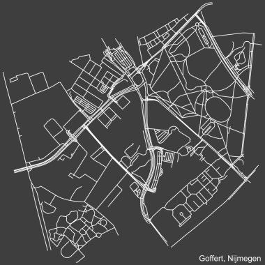 Hollanda 'nın bölgesel başkenti Nijmegen, Hollanda' nın GOFFERT NeIGHBORHOOD 'un şehir caddeleri haritası üzerinde ayrıntılı olumsuz navigasyon beyaz çizgileri koyu gri arka planda