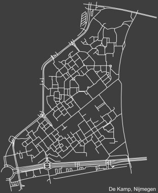 Hollanda 'nın bölgesel başkenti Nijmegen, Hollanda' nın Koyu gri arka plan üzerindeki De KAMP NeIGHBORHOOD şehir haritasının ayrıntılı negatif navigasyon beyaz çizgileri