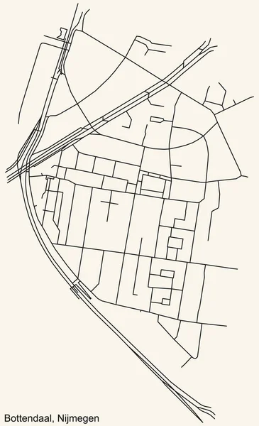 Navegación Detallada Black Lines Urban Street Roads Map Bottendaal Neighborhood — Vector de stock
