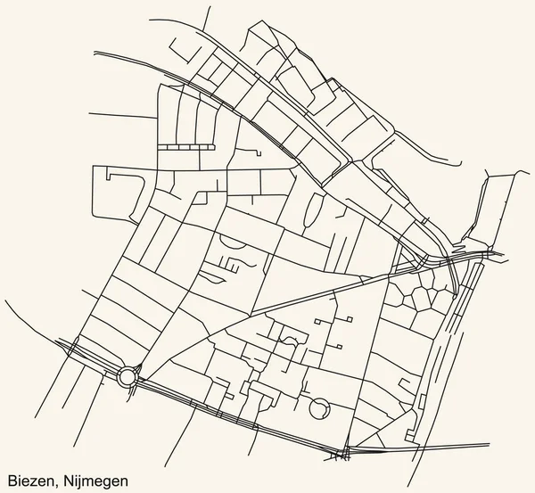 Detaillierte Navigation Schwarze Linien Stadtplan Der Biezen Neighborhood Der Holländischen — Stockvektor