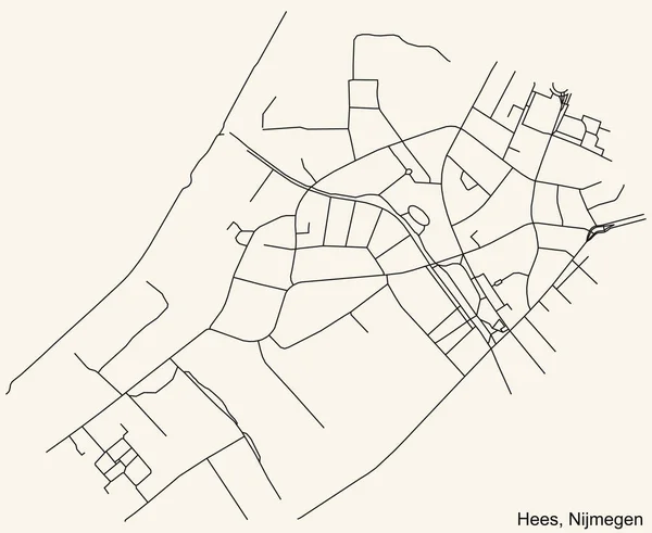 Navegação Detalhada Black Lines Urban Street Roads Mapa Hees Neighborhood — Vetor de Stock