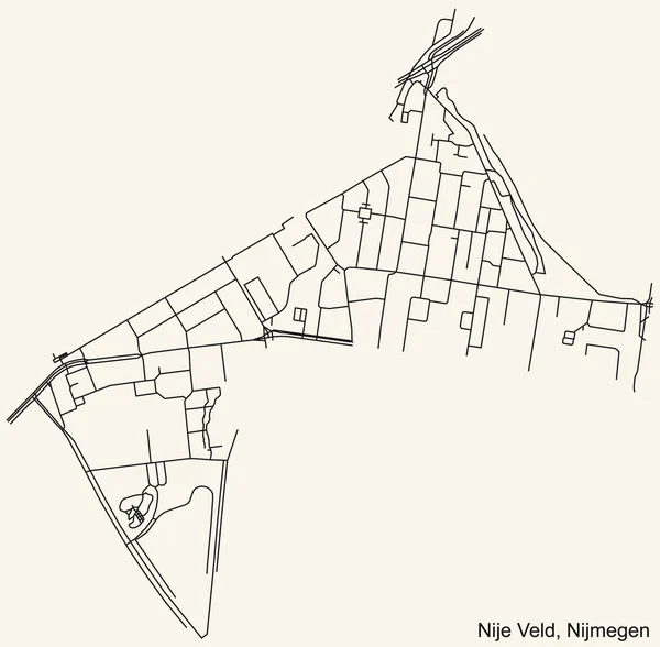 Detaillierte Navigation Schwarze Linien Stadtplan Der Nije Veld Neighborhood Der — Stockvektor