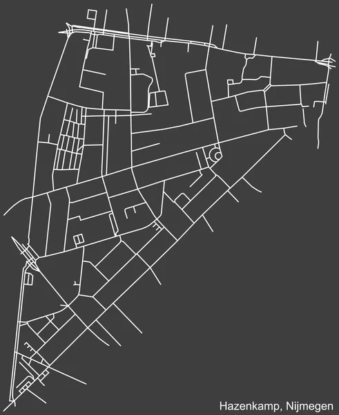荷兰尼梅根地区首府Hazenkamp Neighborhood城市街道路线图 暗灰色背景 详细的负导航白线 — 图库矢量图片