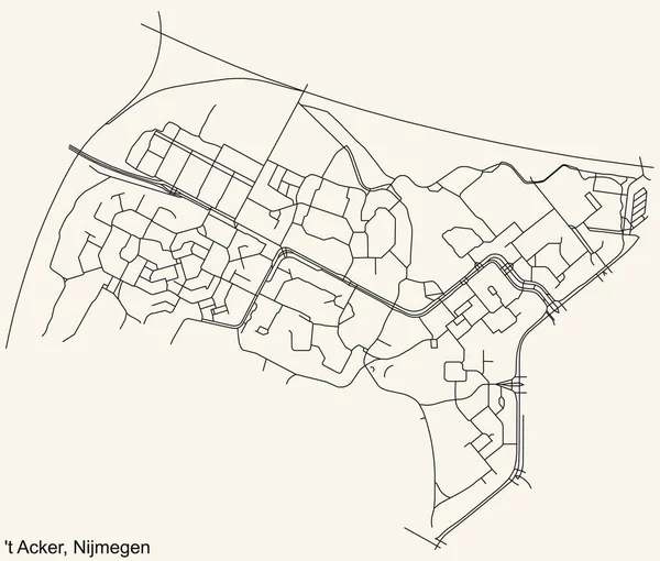 Navegação Detalhada Black Lines Urban Street Roads Map Acker Neighborhood —  Vetores de Stock