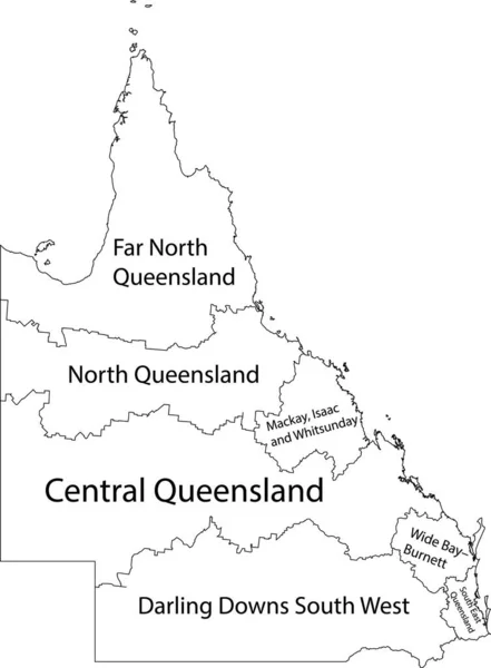 Bílá Plochá Vektorová Administrativní Mapa Regionů Australského Státu Queensland Rakousko — Stockový vektor