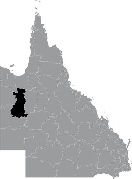 澳大利亚昆士兰州地区灰色行政地图内的闭合Area的Shire黑色扁平突出显示空白位置图 — 图库矢量图片