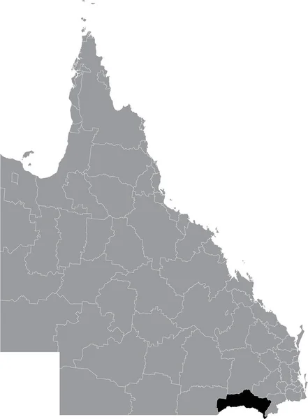 澳大利亚昆士兰州地区灰色行政地图内的Goondiwindi Region Area黑色平面突出显示空白位置图 — 图库矢量图片