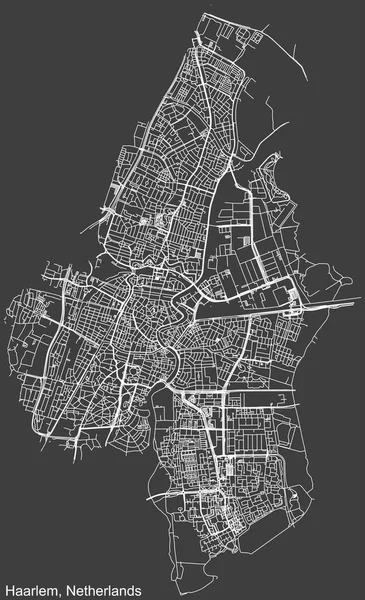 荷兰区域首府荷兰黑灰背景的Haarlem城市街道路线图详细的负导航白线 — 图库矢量图片