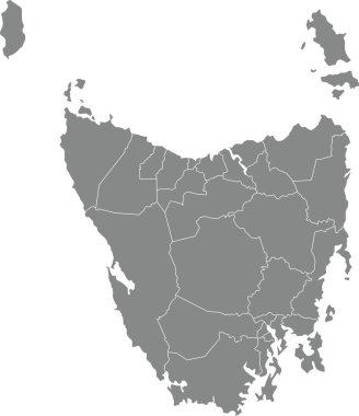 Avustralya 'nın TASMANIA eyaletinin, AUSTRALIA bölgesinin beyaz sınır çizgilerine sahip yerel yönetim bölgelerinin gri düz boş vektör idari haritası
