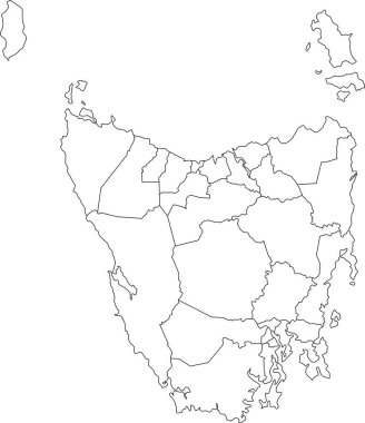 Avustralya 'nın TASMANIA, AUSTRALIA eyaletinin siyah sınır çizgilerine sahip yerel yönetim bölgelerinin beyaz düz boş vektör idari haritası