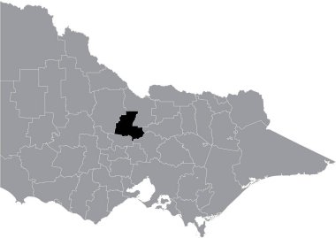Avustralya 'nın Victoria eyaletinin gri idari bölgelerinin gri yönetim haritası içinde GREATER BENDIGO AREA şehrinin siyah düz ve boş konum haritası