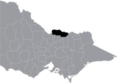 Avustralya 'nın Victoria eyaletinin gri idari alanlarının haritasında MOIRA SHIRE' nin siyah düz konum haritası vurgulandı