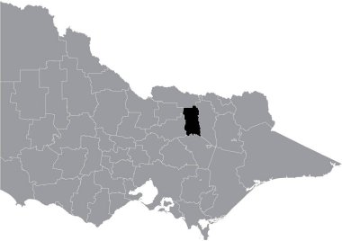 Avustralya 'nın Victoria eyaletinin gri idari haritasının içindeki BENALLA AREA RURAL şehrinin siyah düz ve boş konum haritası