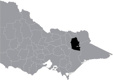 Avustralya 'nın Victoria eyaletinin gri idari alanlarının içinde ALPINE SHIRE AREA' nın siyah düz çizilmiş konum haritası