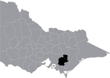 Avustralya 'nın Victoria eyaletinin gri yönetim haritasında BAW BAW AREA SHIRE' nin siyah ve düz konum haritası yer almaktadır.