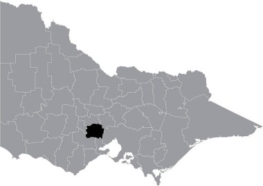 Avustralya 'nın Victoria eyaletinin gri idari bölgelerinin gri haritasında MOORABOL AREA SHIRE' nin siyah düz ve boş konum haritası yer almaktadır.