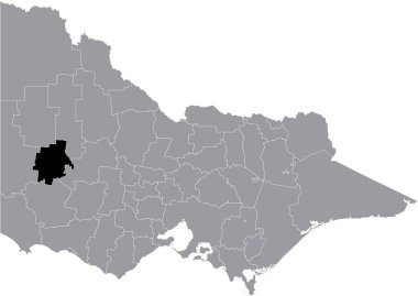Avustralya 'nın Victoria eyaletinin gri idari haritasının içindeki RURAL HORSHAM AREA şehrinin siyah düz ve boş konum haritası