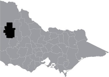 Avustralya 'nın Victoria eyaletinin gri idari haritası içinde HINDMARSH AREA SHIRE' nin siyah düz ve boş konum haritası