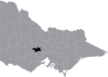 Avustralya 'nın Victoria eyaletinin gri idari haritası içinde HEPBURN AREA SHIRE' nin siyah düz ve boş konum haritası