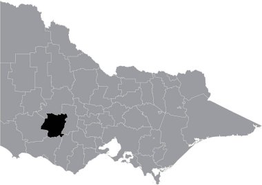 Avustralya 'nın Victoria eyaletinin gri idari haritasının içindeki ARARAT AREA RURAL Şehrinin siyah düz ve boş konum haritası