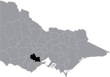 Avustralya 'nın Victoria eyaletinin gri idari alanlarının içinde altın plakalar SHIRE AREA' nın siyah düz çizilmiş konum haritası