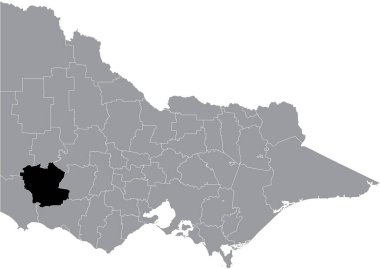 Avustralya 'nın Victoria eyaletinin gri idari haritasının içindeki Güney Grampianlarının siyah düz ve boş konum haritası.