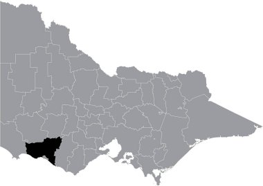 Avustralya 'nın Victoria eyaletinin gri yönetim haritası içinde MOYNE AREA SHIRE' nin siyah düz konum haritası vurgulandı