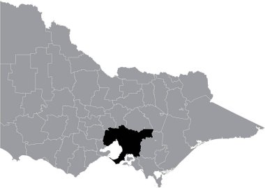 Avustralya 'nın Victoria eyaletinin gri idari alanlarının içinde GREATER MELBOURNE AREA' nın siyah düz çizilmiş konum haritası