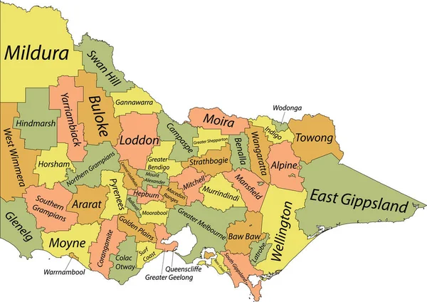 Pastel Plochý Vektor Administrativní Mapa Místních Samospráv Oblastí Australského Státu — Stockový vektor