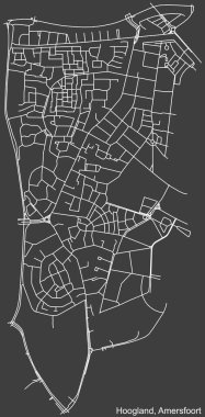 Hollanda 'nın bölgesel başkenti Amersfoort, Hollanda' daki HOOGLAND DISTRICT 'in şehir caddelerinin haritası koyu gri arka planda ayrıntılı olarak çizildi