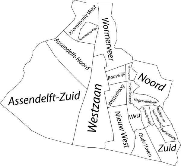 Zaanstad Beyaz Düz Vektör Idari Haritası Bölgelerinin Isim Etiketleri Siyah — Stok Vektör