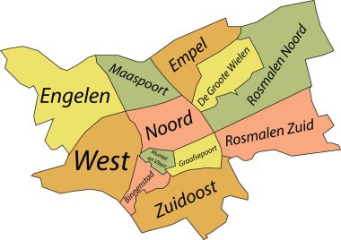 Pastel düz vektör idari haritası 'S-HERTOGENBOSCH, NETHERLANDS kendi bölgelerinin isim etiketleri ve siyah sınır çizgileri ile
