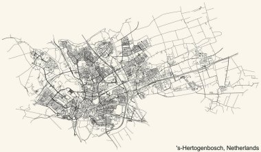 Ayrıntılı navigasyon siyah çizgileri kentsel yol haritası Hollanda bölgesel başkenti S-HERTOGENBOSCH, NETHERLANDS klasik bej arka plan