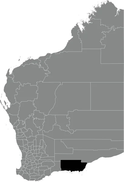 澳大利亚西澳大利亚州各地区灰色行政地图内的执法区警长黑色扁平突出显示的空白位置图 — 图库矢量图片