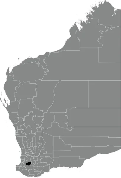 澳大利亚西澳大利亚州地区灰色行政地图内西澳大利亚州警长的黑色扁平突出显示的空白位置图 — 图库矢量图片