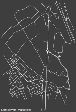 Hollanda 'nın bölgesel başkenti Maastricht, Hollanda' nın LANAKERVELD NeIGHBORHOOD şehir haritasının beyaz çizgileri koyu gri arka planda