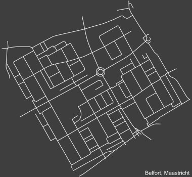 Hollanda 'nın bölgesel başkenti Maastricht, Hollanda' nın BELFORT Mahallesi 'nin beyaz yol haritası koyu gri arka planda.