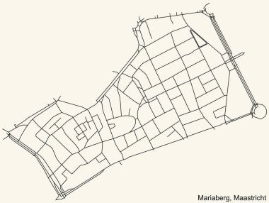 Hollanda 'nın bölgesel başkenti Maastricht, Hollanda' nın MarIABERG NeIGHBORHOOD kentinin klasik bej arkaplan üzerindeki şehir caddelerinin ayrıntılı navigasyon siyah çizgileri.