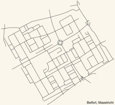 Hollanda 'nın bölgesel başkenti Maastricht, Hollanda' nın BELFORT Mahallesi 'nin klasik bej arka plan üzerindeki kentsel yol haritasının ayrıntılı navigasyon kara hatları