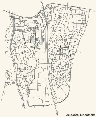 Hollanda 'nın başkenti Maastricht, Hollanda' nın ZUIDOST DISTRICT kentinin klasik bej arka plan üzerindeki kentsel yol haritasının ayrıntılı navigasyon kara hatları